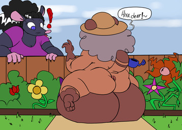 anthro anus balls big_balls big_breasts big_butt black_hair breasts brown_balls brown_body butt cigarette claws clothing dialogue duo ears_through_headwear elderly elderly_gynomorph elderly_intersex exclamation_point fingers flower flower_bed front_view garden genitals gesture greeting grey_body grey_hair grey_skin gynomorph hair hand_on_wall hat hat_only headgear headgear_only headwear headwear_only holding_object huge_balls huge_breasts hyper hyper_balls hyper_genitalia intersex mostly_nude mouthless nude outside overweight overweight_anthro overweight_gynomorph overweight_intersex plant puffy_anus reaction_shot rear_view shortstack shortstack_gynomorph shortstack_intersex simple_background sitting sitting_on_balls smoking standing straw_hat stripes surprised text thick_thighs throbbing toony vein watering_can waving white_hair white_stripes wide_hips yard zeros_dick hedi_(zeros_dick) junko_gamou_(grannybase) canid canine mammal murid murine raccoon_dog rat rodent tanuki 2025 colored digital_drawing_(artwork) digital_media_(artwork) english_text flat_colors hi_res
