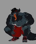 animal_humanoid anthro au_ra badnightowl big_bulge bulge clothing crouching demon final_fantasy final_fantasy_xiv footwear hat headgear headwear horn huge_bulge humanoid hyper hyper_bulge long_tongue male scalie scalie_humanoid shoes solo square_enix tail thick_tail tongue tongue_out underwear