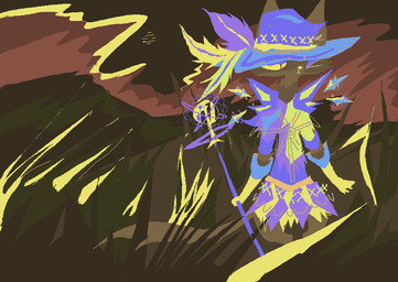 ambiguous_gender anthro bottomwear brown_body brown_fur clothing detailed_background dress fur grass hat_feather headgear headwear loose_feather outside plant purple_bottomwear purple_clothing purple_dress purple_shirt purple_skirt purple_staff purple_topwear shirt skirt solo staff topwear yellow_bottomwear yellow_clothing yellow_shirt yellow_skirt yellow_topwear naircat domestic_cat felid feline felis mammal 2017 digital_media_(artwork) microsoft_paint_(artwork)