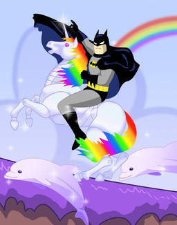 bat_symbol duo_focus feral group horn horseback humor machine male quadruped rainbow rainbow_arch riding side_view straddling tail rosewine batman_(series) dc_comics mythology robot_unicorn_attack batman aquatic cetacean dolphin equid equine human mammal mythological_creature mythological_equine oceanic_dolphin robot toothed_whale unicorn digital_media_(artwork)