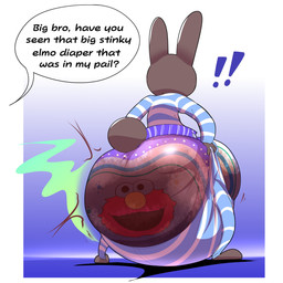 anthro bottomwear bottomwear_pull clothing clothing_pull diaper exposed_diaper feces male pants pants_pull rear_view soiled soiled_diaper solo stink_fumes text unclean_diaper used_diaper chocomintshake lagomorph leporid mammal rabbit 1:1 absurd_res english_text hi_res