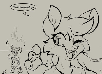 accessory anthro blush blush_lines bottomwear bow_ribbon claws clothed clothed_anthro clothed_female clothing confusion crop_top dialogue duo fangs female flustered fully_clothed fully_clothed_anthro fully_clothed_female furgonomics hair long_hair one_eye_closed pigtails ribbons shirt shorts speech_bubble steaming sweater tail tail_accessory tail_ribbon teasing teeth text topwear twintails_(hairstyle) wink winking_at_another muhny chloe_(muhny) edie_(muhny) domestic_cat felid feline felis mammal mouse murid murine rodent english_text sketch