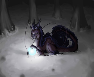 bioluminescence bright dark detailed_background eyes_closed female feral forest glowing holding_object horn light long_tail night orb outside plant sad sitting snow solo tail tree whiskers winter wood kyuushi asian_mythology east_asian_mythology mythology requiem_(character) canid canine dragon eastern_dragon mammal mythological_creature mythological_scalie scalie 2010