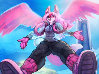 anthro bottomwear clothing day feathered_wings feathers female footwear hoodie open_mouth outside pants pink_body pink_eyes shoes smile solo spread_wings topwear wings general-irrelevant brand_new_animal studio_trigger nazuna_hiwatashi canid mammal 4:3 digital_media_(artwork)