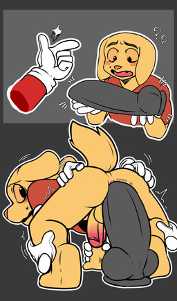 all_fours ambiguous_gender anthro anthro_focus anus balls big_dildo black_eyes blush blush_stickers bottomless butt butt_grab clothed clothing cute_fangs dildo disembodied_hand erection fangs genitals glans gloves grey_background hand_on_butt handwear holding_dildo holding_object holding_sex_toy imminent_dildo_sitting male male_focus male_penetrated motion_lines orange_nose orange_sclera penetration penis pink_anus pink_glans pink_penis question_mark questionable_consent raised_tail red_clothing red_shirt red_t-shirt red_topwear sex_toy shirt simple_background solo_focus t-shirt tail teeth topwear white_clothing white_gloves white_handwear yellow_balls yellow_penis saku1saya glitch_productions the_amazing_digital_circus caine_(tadc) scratch_(tadc) canid canine canis domestic_dog mammal absurd_res hi_res
