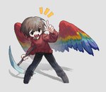 biped black_eyes brown_hair chibi clothed clothing cute_fangs diamond_pickaxe emanata feathered_wings feathers grey_background hair holding_pickaxe male multicolored_wings red_clothing red_sweater red_topwear simple_background solo standing sweater topwear wings woqiqingxuan hermitcraft microsoft minecraft mojang xbox_game_studios grian animal_humanoid avian avian_humanoid bird_humanoid humanoid macaw_humanoid parrot_humanoid scarlet_macaw_humanoid digital_media_(artwork) hi_res pixel_(artwork) shaded