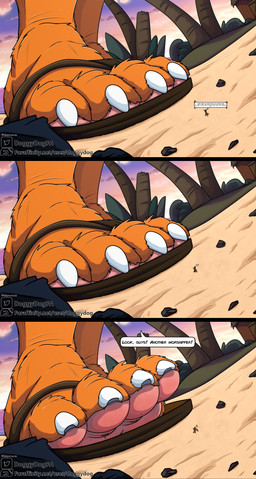 4_toes anthro clothing dialogue duo extreme_size_difference feet flip_flops foot_fetish foot_focus foot_play footwear male male/male micro pawpads paws sandals shoes size_difference speech_bubble stuck_to_foot text tied_to_foot toes underfoot doggydog doggydog_(character) phox_(phoxhole) canid canine mammal absurd_res comic english_text hi_res