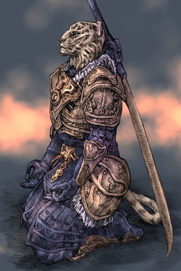 anthro armor blue_eyes fur male melee_weapon solo sword tail weapon white_body white_fur tomato_(artist) bethesda_game_studios microsoft the_elder_scrolls the_elder_scrolls_online zerith-var felid khajiit mammal pantherine tiger
