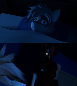 anthro bed bedding black_body black_fur black_hair blanket blue_eyes breasts creepy duo female fur furniture glowing glowing_eyes hair hair_over_eye lying lying_on_bed male male/female nipples on_bed red_body red_fur red_hair standing white_body white_eyes white_fur white_hair monsoon_perfected harlee_(monsoon_perfected) lee_(domi3d) canid canine demon felid feline fox mammal 3d_(artwork) digital_media_(artwork) hi_res
