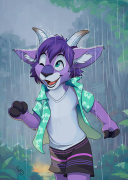 anthro black_bottomwear black_clothing black_shorts blue_clothing blue_eyes blue_topwear bottomwear clothed clothing front_view fur glistening glistening_eyes hair happy inner_ear_fluff logo looking_up male male_anthro messy_hair open_clothing open_mouth open_smile open_topwear purple_body purple_fur purple_hair raining short_hair shorts smile solo topwear tuft white_body white_clothing white_fur white_inner_ear_fluff white_topwear young young_anthro young_male pandapaco bovid caprine goat mammal artist_logo hi_res portrait signature three-quarter_portrait