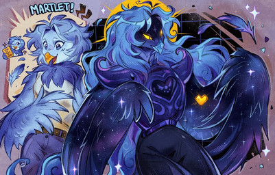 anthro beak belt blue_beak blue_body blue_feathers blue_hair blush blush_lines book bottomwear clothed clothing cuirass denim denim_bottomwear denim_clothing duo feathered_wings feathers female fully_clothed hair heart_symbol holding_book holding_object jeans long_hair neck_tuft open_beak open_mouth pants shoulder_pads small_waist smile sparkles spread_wings square_crossover standing star text tuft wings yellow_beak dim_off undertale_yellow clover_(undertale_yellow) martlet_(undertale_yellow) martlet_(zenith_form) avian bird monster soul_(undertale) 2025 digital_media_(artwork) english_text half-length_portrait hi_res portrait