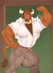 5_fingers anthro arm_hair barazoku beard belt biceps big_bulge big_muscles blue_eyes body_hair bottomwear brown_body brown_fur brown_hair bulge chest_hair clothed clothing dress_shirt ear_piercing ear_ring facial_hair facial_piercing fingers fur hair hand_on_hip horn huge_bulge huge_muscles humanoid_hands hyper hyper_bulge looking_at_viewer male mistletoe muscular muscular_anthro muscular_male nose_piercing nose_ring open_clothing open_shirt open_topwear pants pecs piercing pink_nose plant ring_piercing shirt solo standing tight_clothing topwear white_horn kazushi diesel_(komatose) bovid bovine cattle mammal 2018 hi_res