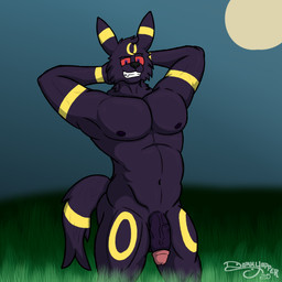 anthro anthrofied big_muscles big_pecs black_body flaccid genitals grass grin hands_behind_head humanoid_genitalia humanoid_penis male moon muscular muscular_male navel night nipples nude outside pecs penis plant pokemorph purple_eyes red_sclera simple_background smile solo darkyapper nintendo pokemon eeveelution generation_2_pokemon pokemon_(species) umbreon 1:1 2025 absurd_res digital_drawing_(artwork) digital_media_(artwork) hi_res