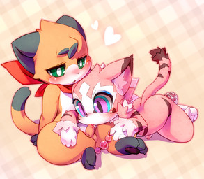 3_fingers 3_toes 4_toes anal_beads anthro balls black_body black_fur blush bodily_fluids checkered checkered_background cloth cum duo erection feet fellatio femboy fingers fluffy foreskin foreskin_play fur genital_fluids genitals green_eyes heart_symbol looking_at_genitalia looking_at_penis male male/male open_mouth oral orange_body orange_fur pattern_background pawpads penile penis pink_body pink_eyes pink_fur pupils sex sex_toy simple_background sitting slit_pupils toes tongue_in_foreskin white_body white_fur young young_anthro cotora nyaou_(cotora) domestic_cat felid feline felis mammal