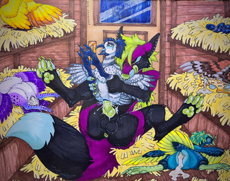 animal_genitalia anthro anthro_on_feral anthro_penetrating anthro_penetrating_feral barn bestiality bodily_fluids chicken_coop cloaca cloacal cloacal_penetration cum cum_inside egg female female_on_anthro feral feral_penetrated forced genital_fluids genitals green_hair green_pawpads group hair hay knot knotted_penis living_sex_toy male male/female male_on_feral nest pawpads penetration penis purple_body raining rape sex dyloteryx ven_(dyloteryx) avian bird canid canine chicken fox galliform mammal phasianid absurd_res colored hi_res marker_(artwork) traditional_media_(artwork)