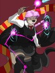 anthro black_clothing boots clothing female footwear gryffindor hair lipstick magic_user magic_wand makeup pink_hair pink_lipstick pink_magic projectile_deflection red_background shoes simple_background solo pandottermon mammal mustelid otter 3:4 hi_res