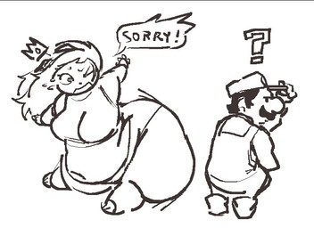 adjusting_hat anthro apology belly big_butt boots bottom_heavy butt clothing clumsy cosplay crown dialogue duo exclamation_point female footwear hat headgear headwear male navel one_eye_closed overalls pantoes question_mark shoes simple_background speech_bubble talking_to_another thick_thighs white_background wince anonymous_artist mario_bros nintendo mario princess_peach wafer_(/feed/) canid canine canis domestic_dog human mammal 2025 black_and_white monochrome sketch