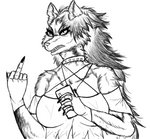 angry anthro breasts cleavage clenched_teeth clothed clothing collar female gesture hand_gesture middle_finger solo teeth avelvision helluva_boss mythology loona_(helluva_boss) canid canid_demon canine demon hellhound mammal mythological_canine mythological_creature hi_res monochrome sketch