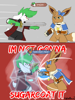 armor attack_pose clothing frozen frozen_solid gauntlets gloves handwear melee_weapon pokemorph sword text weapon fokkorev bandai_namco capcom devil_may_cry nintendo pokemon tales_of_(series) yakuza_(series) clove_(fokkorev) melia_(fokkorev) eevee felid generation_1_pokemon generation_4_pokemon legendary_pokemon mammal pantherine pokemon_(species) shaymin sky_forme_shaymin absurd_res comic english_text hi_res
