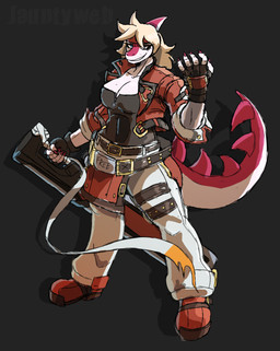 5_fingers accessory anthro belt big_breasts big_tail blonde_hair blue_eyes bone_frill breasts brown_clothing brown_gloves brown_handwear claws cleavage clothed clothing cosplay eyelashes female finger_claws fingers footwear frill_(anatomy) gloves hair handwear headband holding_object holding_weapon jacket junkyard_dog_mk_iii long_hair long_tail looking_at_viewer magenta_body magenta_scales multicolored_body multicolored_scales red_clothing red_footwear red_jacket red_shoes red_topwear scales shoes smile snout solo spiked_tail spikes spikes_(anatomy) tail text topwear two_tone_body two_tone_scales weapon white_body white_scales jauntyweb arc_system_works cavemanon_studios guilty_gear i_wani_hug_that_gator mia_moretti dinosaur hadrosaurid ornithischian ornithopod parasaurolophus prehistoric_species reptile scalie 2024 artist_name digital_drawing_(artwork) digital_media_(artwork) hi_res watermark