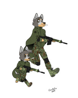 anthro boots bottomwear camo clothing duo ears_up eyebrows fn_fal_para footwear fur green_eyes grey_body grey_fur gun holding_gun holding_object holding_ranged_weapon holding_rifle holding_weapon jacket looking_down male male/male military pants ranged_weapon rifle shoes soldier tail topwear warrior weapon white_body white_fur yellow_body yellow_fur young young_anthro young_male bartek22 brazilian_dawg_(ricthecusco) canid canine canis domestic_dog mammal 4:5 absurd_res hi_res