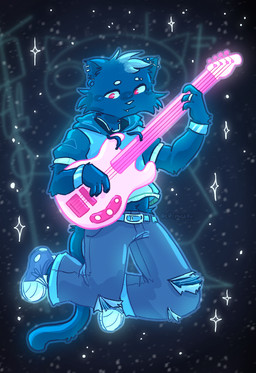 anthro bass_guitar belt_buckle blue_body bottomwear buckle clothing digit_ring ear_piercing female finger_ring footwear guitar jewelry musical_instrument pants piercing pink_eyes playing_music plucked_string_instrument shoes snout solo string_instrument tail torn_bottomwear torn_clothing torn_pants c0rpses0ul night_in_the_woods mae_borowski domestic_cat felid feline felis mammal 2025 digital_media_(artwork) hi_res watermark