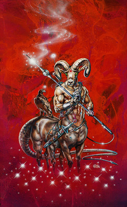 6_legs abs ambiguous_gender antenna_wire duo feral holding_melee_weapon holding_object holding_polearm holding_spear holding_weapon horn looking_at_viewer male melee_weapon muscular muscular_male polearm red_background scabbard simple_background spade_tail sparkles spear star tail weapon clyde_caldwell ares_magazine avian bird bovid caprine equid equid_taur goat mammal mammal_taur taur 1983 hi_res traditional_media_(artwork)