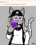 anthro ask_blog baseball_cap clothing cute_fangs dessert doughnut eating face_mask fangs female food front_view furgonomics half-closed_eyes hat headgear headwear holding_food holding_object jacket letterman_jacket looking_at_viewer narrowed_eyes onomatopoeia pastry pupils purple_eyes shirt slit_pupils solo sound_effects tail tail_wraps teeth text topwear whiskers wraps felino stardust_(tricktrashing) domestic_cat felid feline felis mammal 2023 english_text greyscale hi_res monochrome spot_color