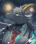 anthro black_body black_fur braided_hair clothing eyewear fur glasses green_eyes hair horn male necktie night snow snowing solo topwear vest white_hair kt0414143919 lifewonders tokyo_afterschool_summoners tanngrisnir_(tas) bovid caprine goat mammal 5:6 hi_res