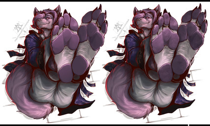 4_toes anthro barefoot black_bars bottomwear claws clothed clothing digit_ring feet foot_focus fur hair hair_over_eye humanoid_feet jewelry looking_at_viewer male pants pawpads paws plantigrade plantigrade_pawpads purple_body purple_eyes purple_fur purple_hair purple_pawpads ring simple_background smile soles solo suit tail toe_ring toes white_background kredri loki_(ilovefeetandpaw) domestic_cat felid feline felis mammal 2025 hi_res letterbox