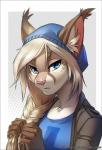 anthro beanie blonde_hair blue_clothing blue_eyes blue_shirt blue_topwear braided_hair clothed clothing female fingers fur hair hat headgear headwear looking_at_viewer open_mouth shirt simple_background solo topwear touching_hair melloque ariyah_(meg) eurasian_lynx felid feline lynx mammal digital_media_(artwork) hi_res shaded