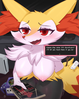anthro areola bedroom_eyes big_breasts blush blush_lines breasts controller erect_nipples female female_anthro fluffy game_controller genitals narrowed_eyes nintendo_controller nipples pink_areola pink_nipples seductive solo standing text vulva wii_remote dukeofbananas gamecube nintendo nintendo_switch_2 pokemon wii braixen generation_6_pokemon pokemon_(species) 2026 4:5 absurd_res english_text hi_res