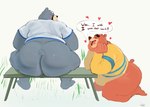 annoyed anthro bench big_butt blush bodily_fluids butt dialogue drooling duo happy heart_symbol leaning leaning_forward male male/male on_bench overweight overweight_anthro overweight_male saliva sitting sitting_on_bench sweat sweaty_butt text debudraws animal_crossing nintendo curt_(animal_crossing) teddy_(animal_crossing) bear mammal english_text hi_res