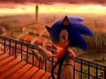 2012 anthro black_nose building clothing cloud detailed_background eulipotyphlan gloves green_eyes handwear hedgehog male mammal outside plant raseinn sega smile solo sonic_the_hedgehog sonic_the_hedgehog_(series) sonic_unleashed tree
