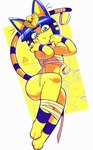 :< anthro barefoot ben_day_dots blue_hair blush bob_cut bottomless choker claws clothed clothing feet female fur green_eyes hair jewelry markings necklace short_hair simple_background solo striped_markings striped_tail stripes tail tail_markings uraeus white_background wide_hips wraps yellow_background yellow_body yellow_fur ftpickaxe animal_crossing nintendo ankha_(animal_crossing) felid mammal 2024 full-length_portrait hi_res portrait