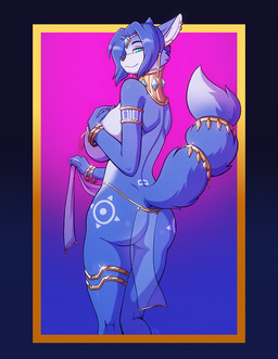 accessory anthro bedroom_eyes big_breasts big_butt blue_body blue_fur blue_hair breasts butt clothed clothing collar concubine female fur furgonomics gold_(metal) gold_collar gold_jewelry hair ineffective_clothing jewelry jewelry_only looking_at_viewer looking_back looking_back_at_viewer metal_collar multicolored_body multicolored_fur narrowed_eyes natural_breasts nude posture_collar ring seductive smile solo tail tail_accessory tail_jewelry tail_ring teal_eyes translucent translucent_clothing translucent_loincloth two_tone_body two_tone_fur white_body white_fur conditional_dnp kadath nintendo star_fox krystal_(star_fox) canid canine fox mammal 2025 hi_res