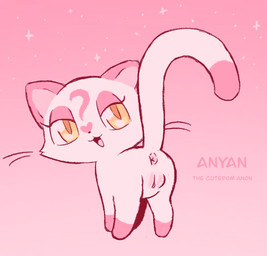 anus blush body_blush chibi clitoris eyelashes facial_markings female feral forehead_markings fur genitals head_markings humanoid_genitalia humanoid_genitalia_on_feral humanoid_vulva humanoid_vulva_on_feral leg_markings lidded_eyes markings open_mouth open_smile pink_anus pink_background pink_body pink_fur pink_vulva pointy_ears presenting presenting_anus presenting_vulva prick_ears question_mark rear_view simple_background smile socks_(marking) solo sparkles standing tail tail_markings toony vulva vulva_blush whiskers yellow_eyes clockstops3am conditional_dnp anon anyan_(labbit) domestic_cat felid feline felis mammal pink_theme