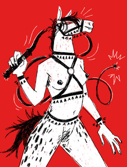 anthro bedroom_eyes breasts bridle fangs female fur genitals half-closed_eyes harness humanoid_genitalia humanoid_vulva markings narrowed_eyes nipples pubes red_background red_sclera reins seductive simple_background smile smirk smug smug_face smug_grin solo spots spotted_body spotted_fur teeth vulva whip jariloxe equid equine horse mammal vampire hi_res monochrome