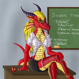 5_fingers apple blonde_hair breasts chalkboard classroom cleavage clothed clothing collarbone desk female fingers food fruit furniture green_eyes hair horn information_board jewelry looking_at_viewer midriff necklace nipple_outline non-mammal_breasts on_desk plant red_body school sitting sitting_on_desk soft_abs solo table tail teacher ventral_groove fatchaos mythology dragon mythological_creature mythological_scalie scalie 1:1