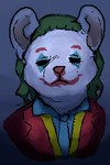 anthro blue_clothing blue_necktie blue_shirt blue_topwear bodypaint clothing clown_makeup eyebrows face_paint frown fur green_hair hair male necktie red_clothing red_eyebrows red_nose red_suit shadowed_eyes shirt solo suit topwear white_body white_fur jubb joker_(2019_film) mammal mouse murid murine rodent 2020 2:3 bust_portrait portrait signature