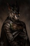 anthro claws cloak clothing ear_piercing fangs fur grey_body grey_fur male piercing potion scales solo teeth yellow_eyes drawing_sofa