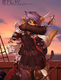 anthro blue_eyes detailed_background eye_patch eyewear female gun looking_at_viewer melee_weapon pirate ranged_weapon ship solo standing sunset sword tail toony vehicle watercraft weapon wind j_axer mammal mustelid musteline true_musteline unknown_species weasel 2008 detailed