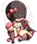 blush bodily_fluids boots breasts cleavage clothed clothing female footwear hair_mouth midriff not_furry off_shoulder open_mouth pokemorph red_eyes sharp_teeth shoes simple_background sitting solo sweat teeth thick_thighs white_background diives nintendo pokemon fan_character gaghiel generation_3_pokemon humanoid mawile pokemon_(species) signature