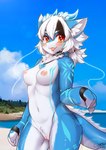 anthro areola beach blue_body blue_fur blush breasts crotch_lines female fur genitals hair horn innie_pussy kemono looking_at_viewer medium_breasts navel neck_tuft nipple_dip nipples nude outside pussy seaside smile solo tail thick_tail tongue tuft ventral_groove water white_body white_fur wolflong mythology wolflong_(character) dragon mythological_creature mythological_scalie scalie hi_res signature