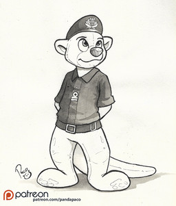 anthro bottomless clothed clothing featureless_crotch front_view glistening glistening_eyes hand_behind_back logo male mouth_closed simple_background solo standing text uniform young young_anthro young_male pandapaco mammal mustelid otter artist_logo hi_res signature spot_color url