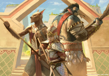abzan ambiguous_gender architecture armor female group markings melee_weapon polearm standing tattoo weapon clint_cearley hasbro magic:_the_gathering wizards_of_the_coast ainok canid canine human humanoid mammal orc official_art