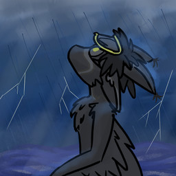 4_ears anthro black_body black_feathers cloud electricity feathers female fur grey_body lightning multi_ear nude raining solo tuft water winged_arms wings yellow_eyes isi_avalibot cobalt_de_sa_(isi_avalibot) avali avian 1:1 hi_res
