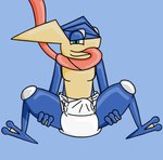 anthro blue_body clean_diaper clothed clothing diaper erection erection_in_diaper male presenting simple_background solo tongue cometmystic21 nintendo pokemon comet_the_greninja amphibian frog generation_6_pokemon greninja pokemon_(species) digital_media_(artwork) hi_res