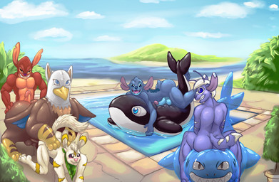 5_fingers anal anal_penetration animal_pool_toy ankh antennae_(anatomy) anthro anthrofied arm_markings arms_over_edge back_markings balls bent_legs bite biting_lip biting_own_lip blue_body blue_eyes blue_fur blue_nose blush bodily_fluids butt calves_up clenched_teeth day dipstick_tail ear_markings eyebrows facial_markings fangs fingers fur genital_fluids genitals group hair head_markings head_tuft hot_dogging humanoid_genitalia humanoid_penis inflatable inflatable_ride inflatable_support island kerchief leg_markings legs_over_edge looking_away lying lying_on_pool_toy male markings multicolored_tail muscular muscular_male neckerchief neckwear notched_ear on_front on_pool_toy open_mouth open_smile outside over_edge penetration penis pink_nose plant pool_toy precum purple_body purple_fur purple_nose raised_calf raised_eyebrow red_body sea self_bite sex small_tail smile straddling swimming_pool tail tail_markings teeth tuft water white_body white_fur white_hair yellow_markings silversketch disney lilo_and_stitch mythology austin_angelus experiment_627 fan_character stitch_(lilo_and_stitch) alien aquatic avian cetacean dolphin experiment_(lilo_and_stitch) fish gryphon inanimate_object mammal mythological_avian mythological_creature oceanic_dolphin orca shark toothed_whale 2016