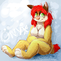 anthro breasts crossed_arms eyewear eyewear_only featureless_breasts feet female fur glasses glasses_only green_eyes hair hindpaw long_hair nude paws pink_nose rectangular_glasses red_hair short_tail sitting slightly_chubby smile solo tail text wearing_glasses white_body white_fur yellow_body yellow_fur crownedvictory canid canine canis domestic_dog herding_dog mammal pastoral_dog welsh_corgi 2015 character_name digital_media_(artwork) digital_painting_(artwork) full-length_portrait painting_(artwork) portrait